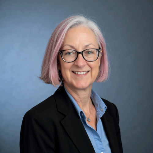 A woman with a pink-tipped gray bob wearing black glasses, a blue button down and a black suit jacket looking straight at the camera.
