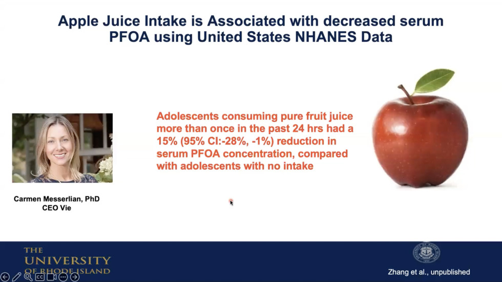 A slide illustrating the finding that "Apple Juice Intate is Associated with decreased serum PFOA using Untied States NHANES Data""